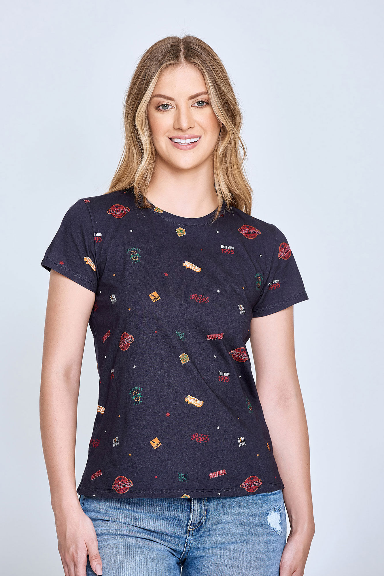 Camiseta Estampado Full Area Color Azul profundo Para Mujer