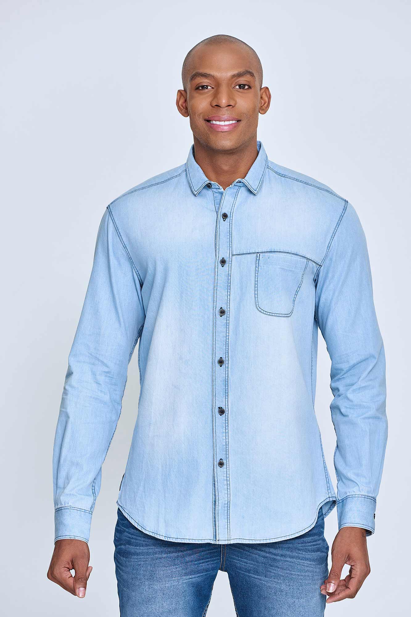 Camisa Manga Larga Color Azul Oscuro Indigo Para Hombre
