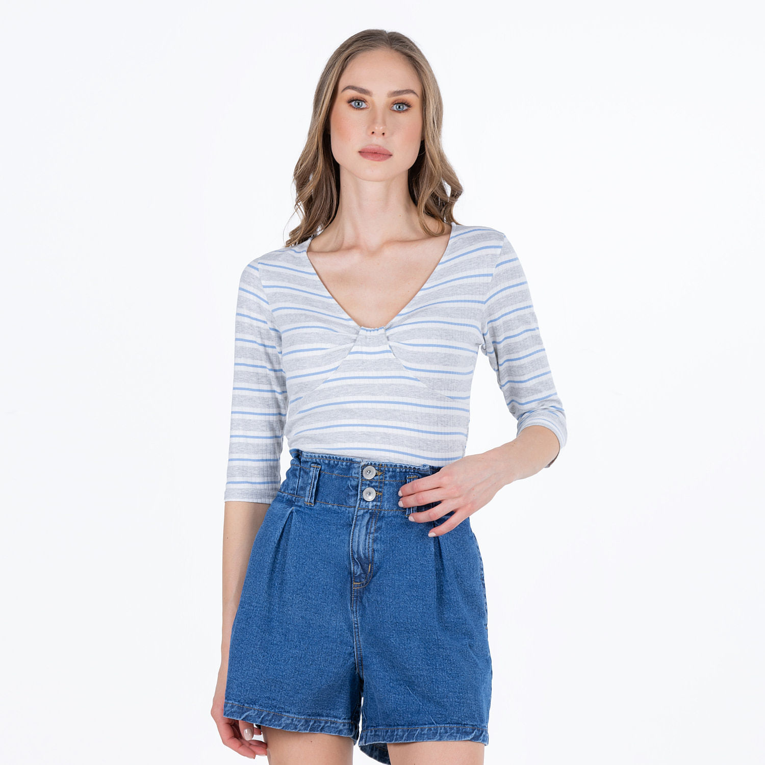 Blusa Manga 3/4 Color Crudo Rayas Gris Jaspe Para Mujer
