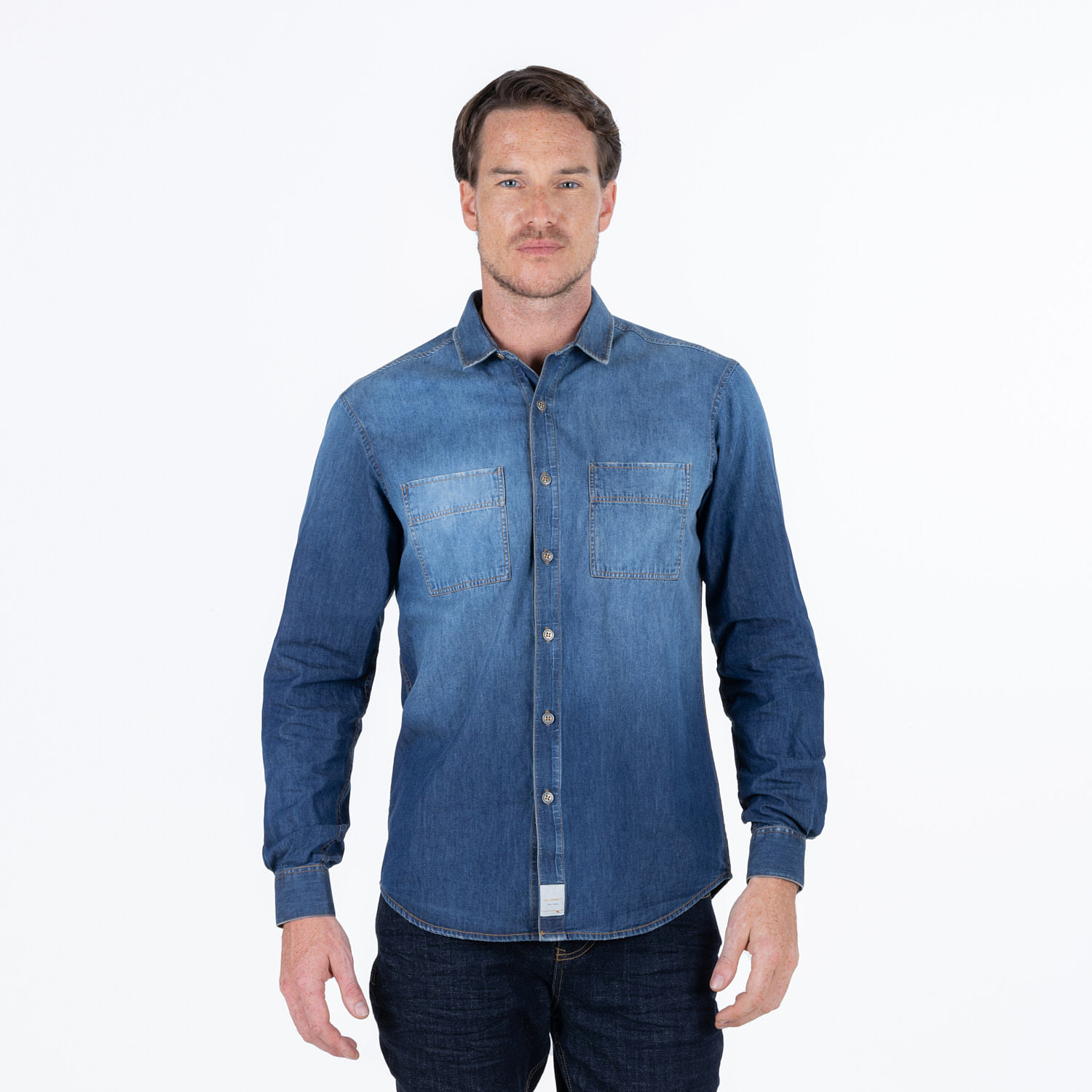 Camisa Manga Larga Color Azul Medio Oscuro Para Hombre