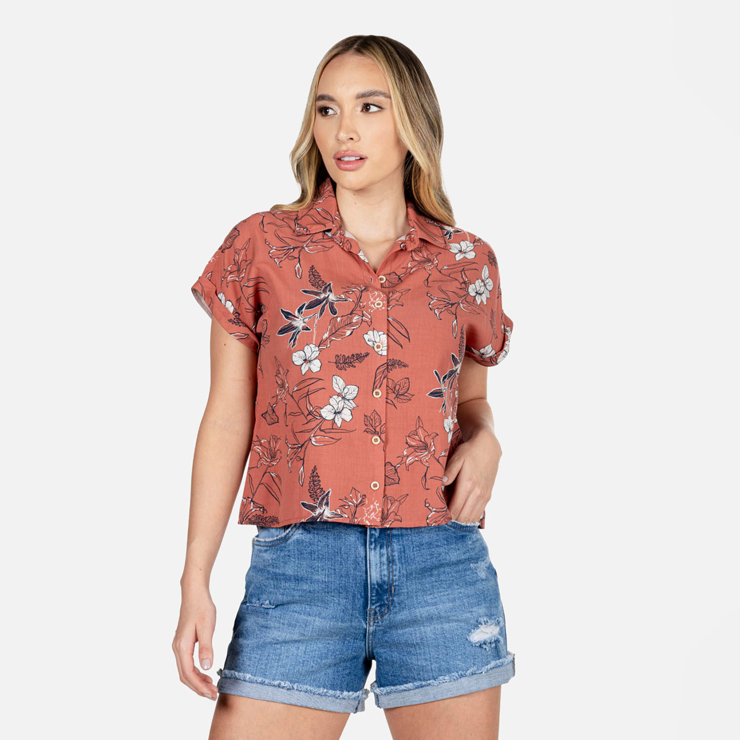 Blusa Manga Corta Color Rojo Arcilla Para Mujer