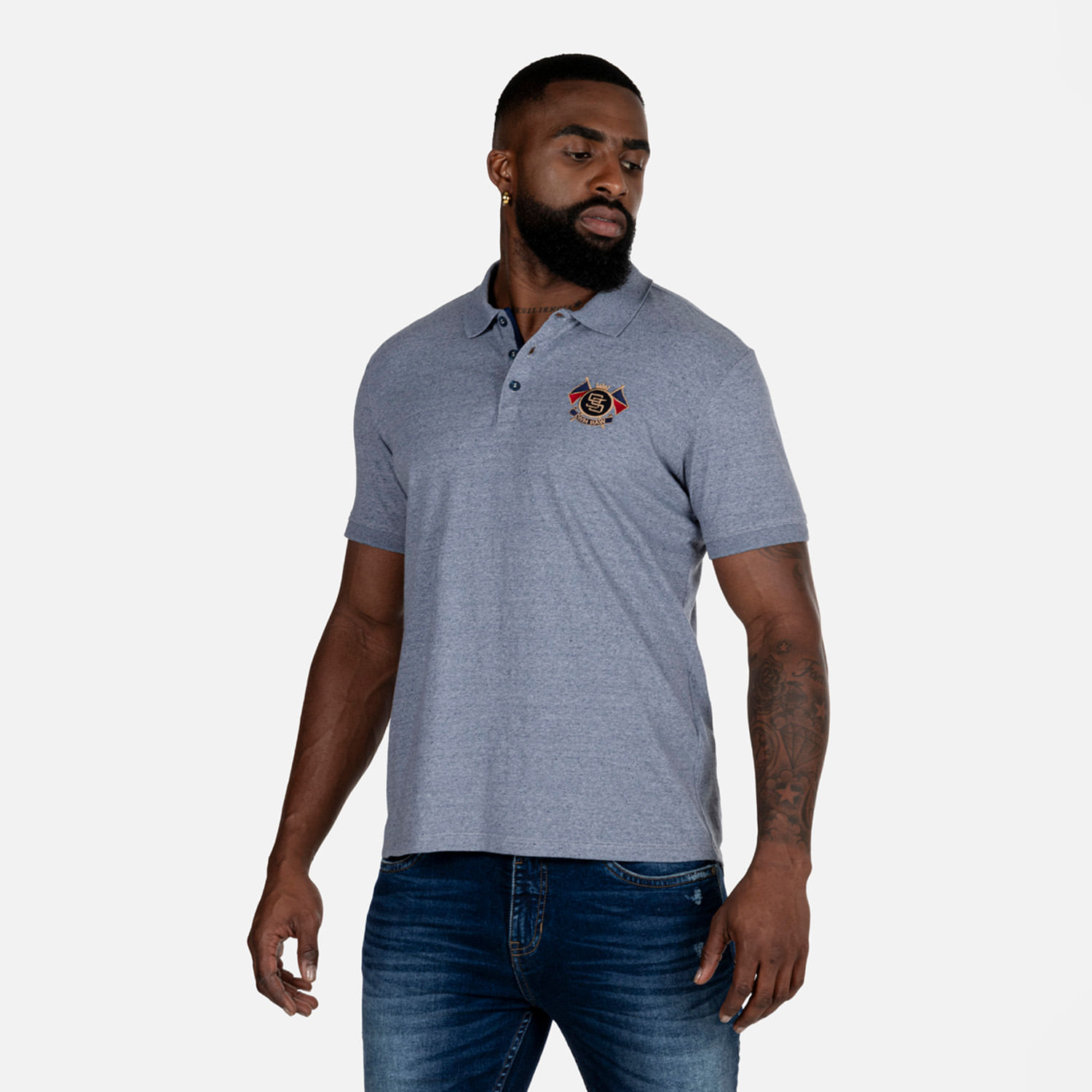 Polo Manga Corta Color Azul Jaspe Medio Para Hombre