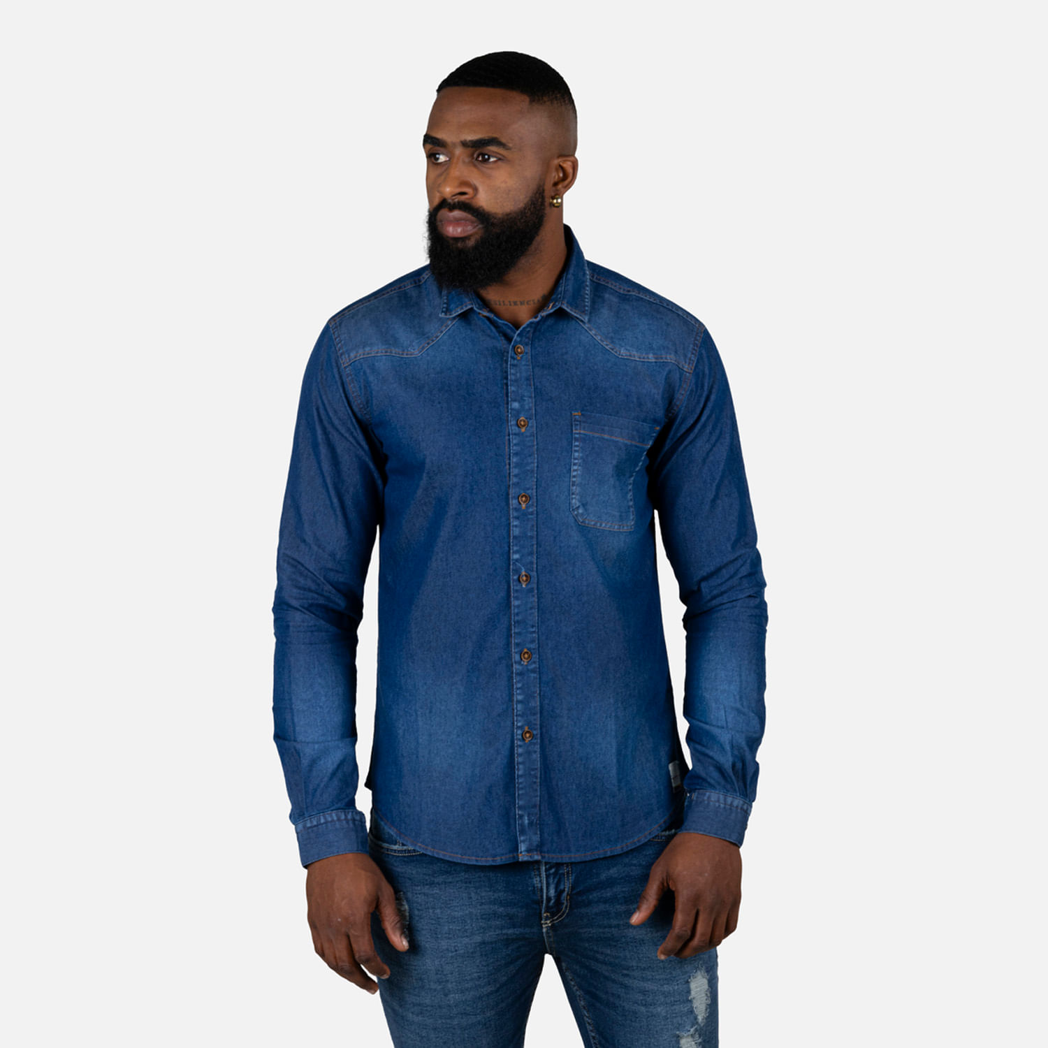 Camisa Manga Larga Color Azul Medio Oscuro Para Hombre