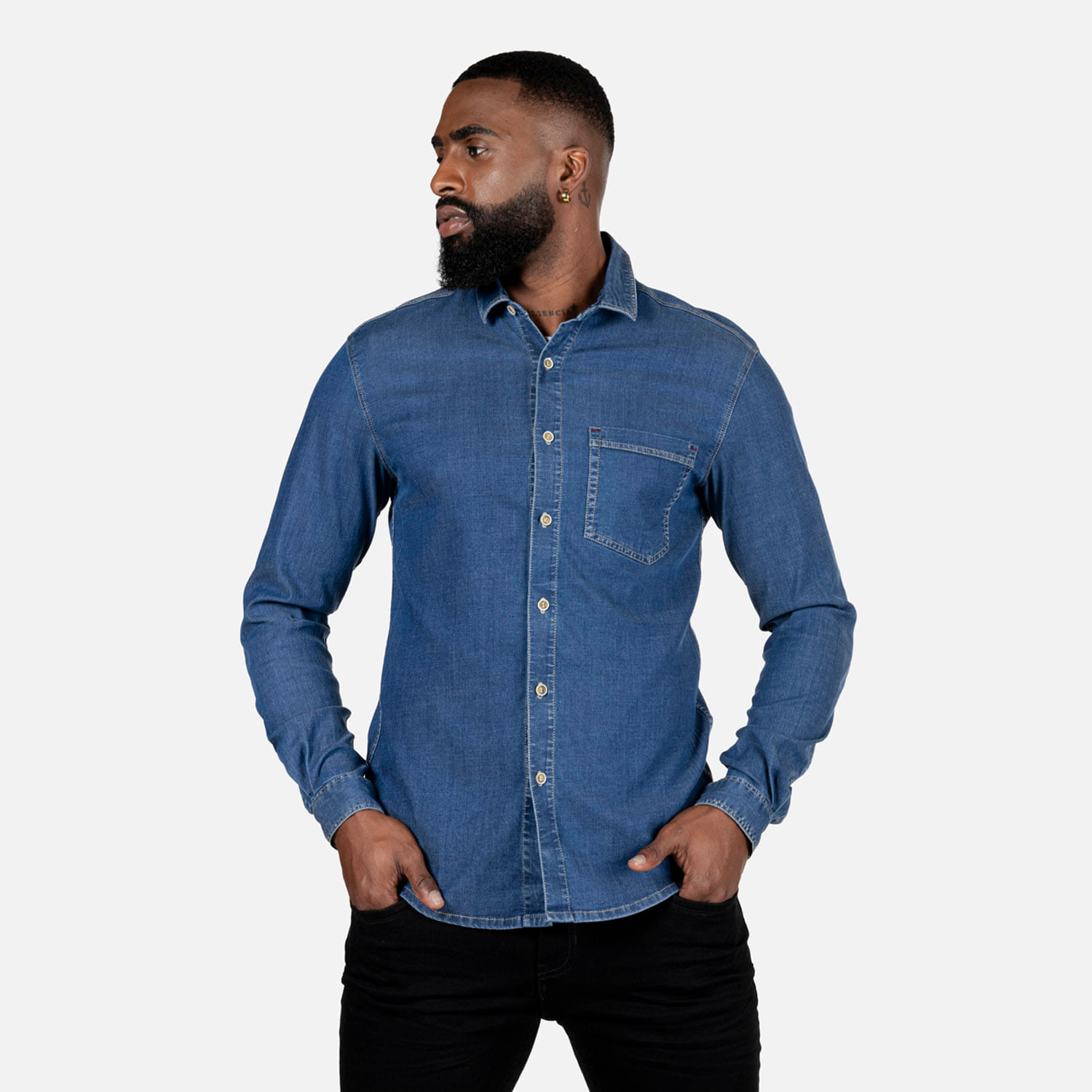 Camisa Manga Larga Color Azul Oscuro Para Hombre