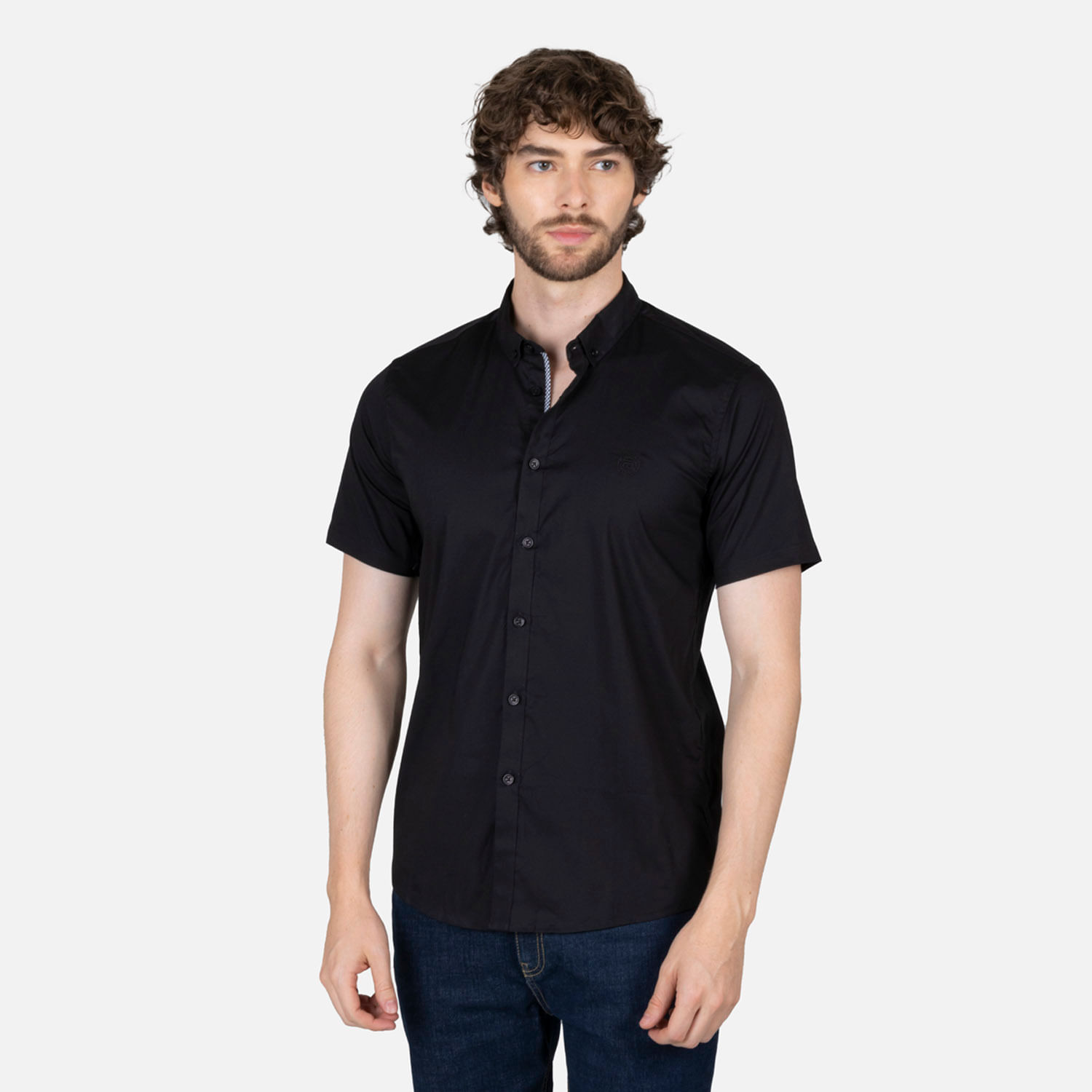 Camisa Slim Manga Corta Color Negro Para Hombre