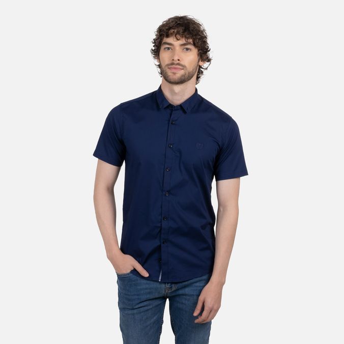 Camisa Slim Manga Corta Color Azul oscuro Para Hombre
