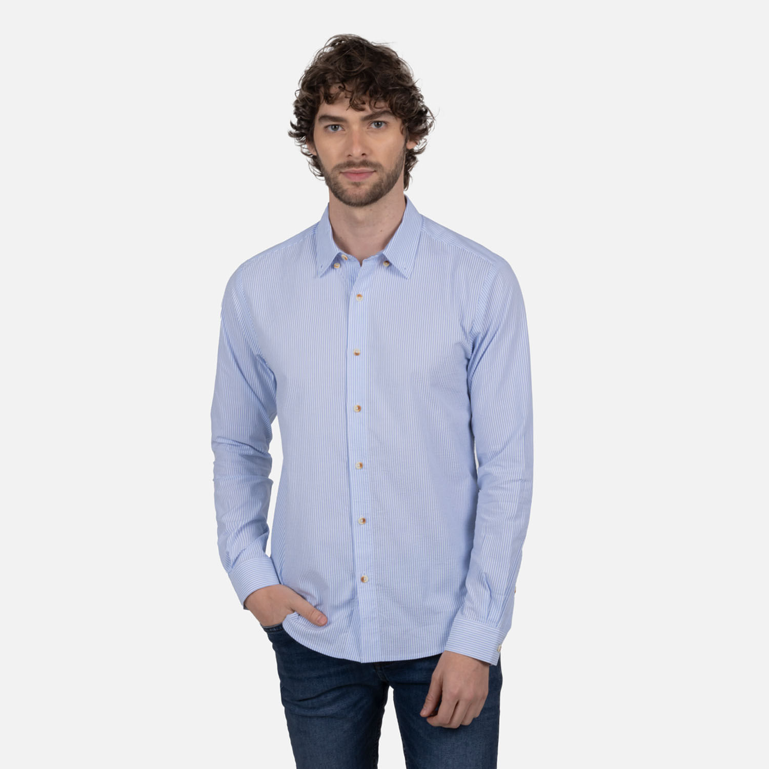 Camisa Manga Larga Color Blanco Azul Para Hombre
