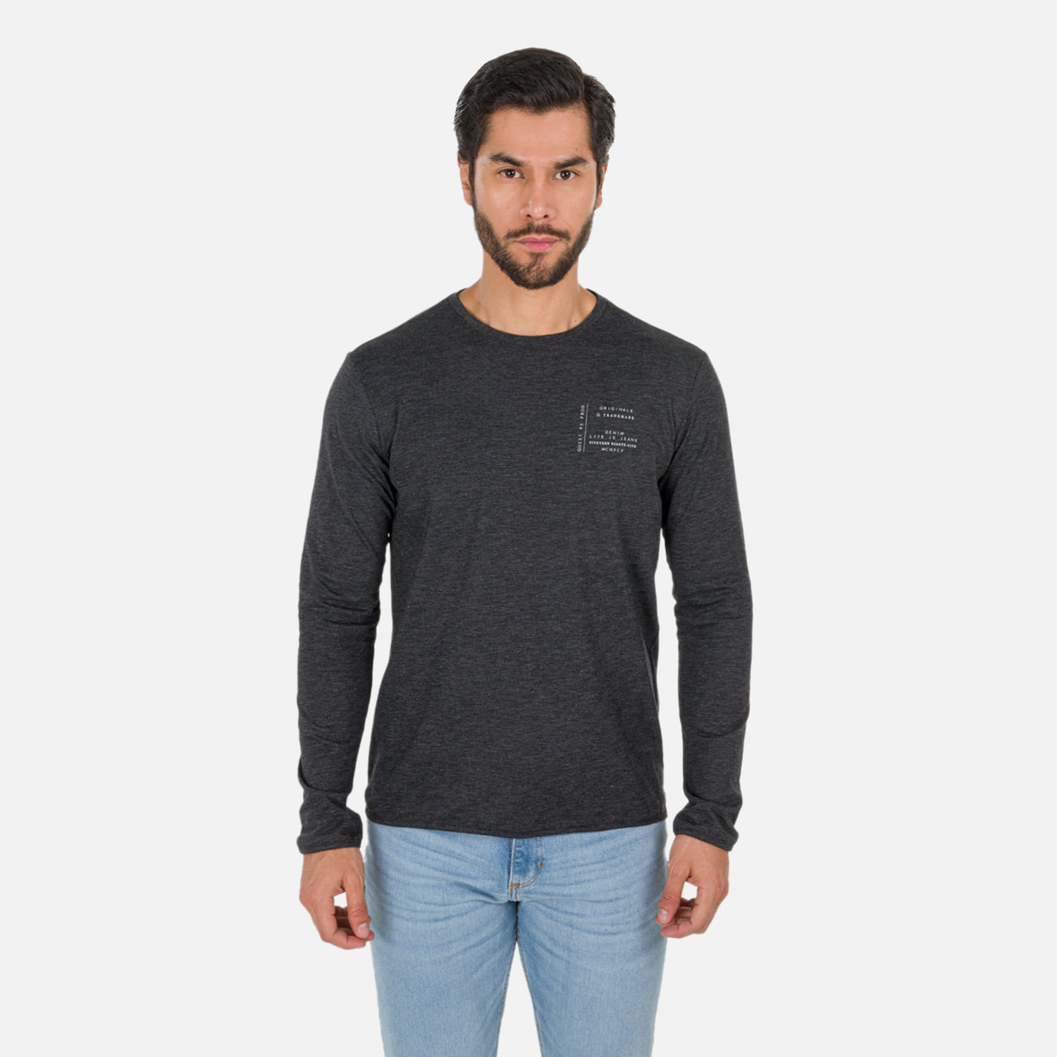 Camiseta Manga Larga Color Negro Jaspe Para Hombre