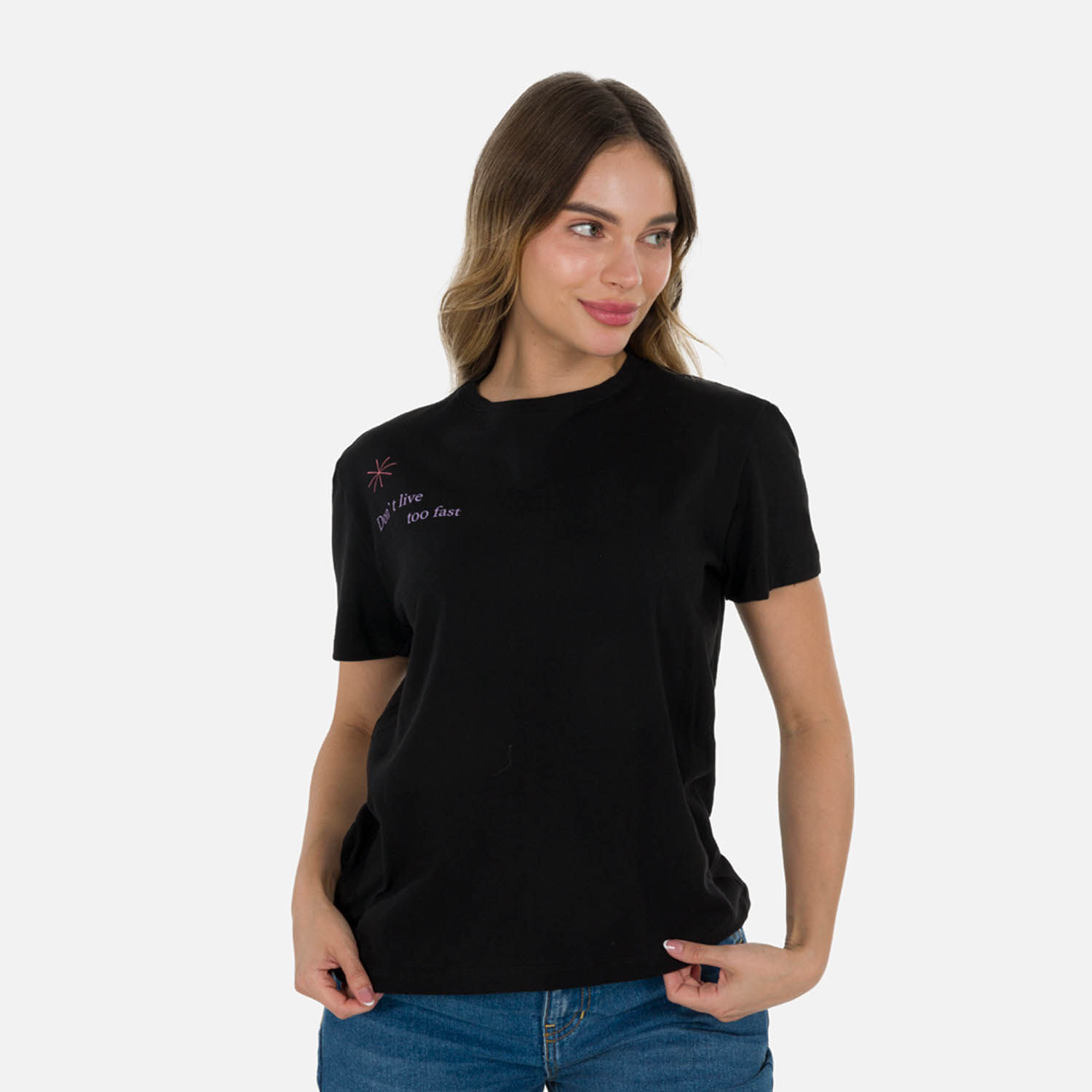 Camiseta Estampado Localizado Color Negro Para Mujer